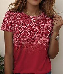abordables -Mujer Camiseta Floral Graphic Cosecha Elegante Casual Manga Corta Escote Redondo Tops regulares Diario Fin de semana Estampado Amarillo Rojo Azul Piscina Azul claro Verano Primavera