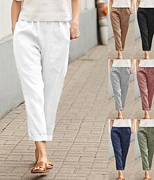 abordables -Femmes Pantalon en coton et lin Slacks Occasionnel Longueur complète Naturel Uni Avec Poches Taille Élastique Confortable Extérieur Sortir Week-end Rouge rétro Bleu marine Gris Noir Été Coupe