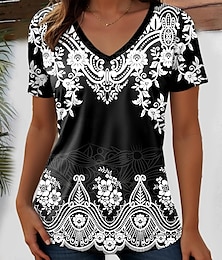 preiswerte -Damen T Shirt Grafik Geometrisch Paisley-Muster Bohemien Vintage Stilvoll Kurzarm V Ausschnitt Normale Oberteile Täglich Ausgehen Strandbekleidung Druck Schwarz + Weiß + Rot Schwarz Weiß Rote Purpur