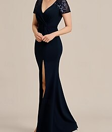 preiswerte -Meerjungfrauenschnitt Kleider für Hochzeitsgäste Elegant Kleid Hochzeitsgast Bodenlang Kurzarm V Ausschnitt Herbsthochzeitsgast Spitze mit Gerafft Schlitz 2025