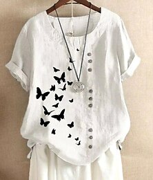 economico -Camicia da donna in lino blusa grafiche farfalla vintage casual maniche corte collo rotondo top regolari quotidiani per uscire stampa bianca estate primavera