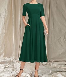 voordelige -A-Lijn Bruidsmoeder Jurk Bruiloft Gast Elegante Crew Hals Theemaat Chiffon Korte Mouw met Borduursel Applicaties Midi Jurk 2025