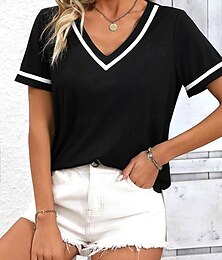 baratos -Mulheres Camiseta Bloco de cor Listrado Casual Manga Curta Decote V Tops regulares Diário Final de semana Imprimir Branco e Preto Verão