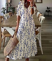 abordables -Femme robe longue Robe casual robe boheme Robe imprimée Robes Péplum Romantique Classique Robe chic Manche Gigot Vacances du quotidien Robe d'été Ample Graphic Fleur Demi Manches Col V Bleu clair Et