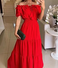economico -Abito Maxi Taglie Forti Femminile A Line Abito Milkmaid Abito Off The Shoulder Abito Maniche Puff Vacanza Outdoor Quotidiana Regolare Fit Colore Solido Maniche Corte Off Shoulder Nero Giallo Rosso