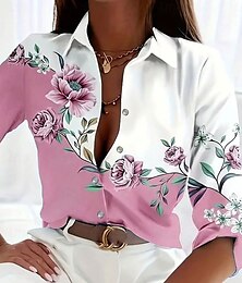economico -Per donna Camicia Floreale Grafico Casual Manica Lunga Colletto a Camicia Top Regolari Lavoro Quotidiano Bottoni Stampato Rosa Blu Verde Primavera Autunno Inverno