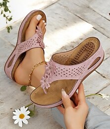 preiswerte -Rosa Damen-Keilsandalen mit Blumenmuster und Cut-outs und Massage-Fußbett – bequeme Sommer-Schlupfschuhe für die Freizeit und zum Reisen