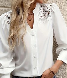 economico -Per donna Top con cuciture in pizzo Tinta unica Affari Lavoro Manica Lunga Manica a Vescovo Colletto a Camicia Top Regolari Lavoro Quotidiano Bottoni Traforato Bianco Primavera, Autunno, Inverno