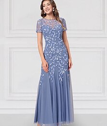 preiswerte -Perlen Blumen Blau Grün A-Linie Besticktes Kleid Mutter der Braut Hochzeit Elegant Vintage V-Ausschnitt Knöchellang Tüll Kurze Ärmel