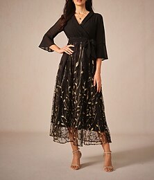 preiswerte -Damen Midikleid V-Ausschnitt Langarm transparentes goldenes Zweigmuster Gürtel elegant Party Abend schwarz gold volle Größe