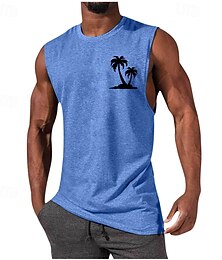 baratos -Homens Malha Íntima Top de colete Camiseta Interior camisa sem manga Sem Manga Gola Redonda Verão Coqueiro Moda Designer Básico Imprimir Férias Rua Para Noite Preto Branco Azul Marinha Top Tee para