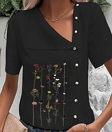 abordables -Femmes Chemises en coton et lin Boutonner Chemisier Fleur Basique Occasionnel Manche Courte Col en V Hauts Réguliers Quotidien Sortir Boutons Imprimé Noir Blanche Bleu Vert Été
