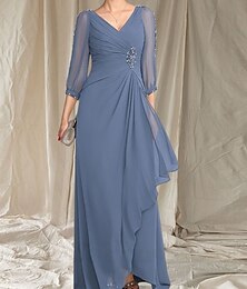 economico -Linea ad A Abito da cerimonia per signora Ospite di nozze Elegante Scollo a V Lunghezza al pavimento Chiffon Manica 3/4 con Perline Arricciatura 2025