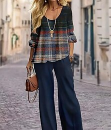economico -Completo da donna in 2 pezzi maglietta basic neon e brillante camicetta maniche a 3/4 scollatura a V stampa geometrica casual blu scuro estate vestibilità regolare