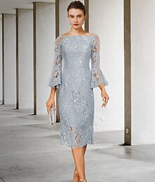 voordelige -Sheath Moeder van de Bruid Jurk Bruiloft Gast Elegante Vintage Juweel Hals Thee Lengte Kant 3/4 Lengte Mouw met Sequin 2025 gratis maat op verzoek