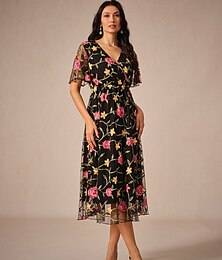 economico -Per donna Vestito longuette Vestito nero Elegante Moda Feste Invitati del matrimonio Appuntamento Morbido Floreale Manica corta A V Nero Estate Primavera