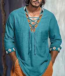economico -Camicia da uomo Ouku, camicia di lino, camicia estiva, camicia da spiaggia, tinta unita, casual, da vacanza, nero, bianco, verde, manica lunga, scollo a V, abbigliamento, abbigliamento con coulisse.
