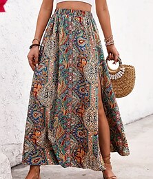 abordables -Femmes Jupe Trapèze Évasé Occasionnel Boho Maxi Taille haute Jupes Graphique Paisley Imprimé Fendu Vacances Fête Bleu Violet Été Polyester
