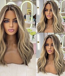 economico -Capelli umani Remy 5x5 Chiusura 13x4 Fronte in Pizzo Parrucca Riga centrale Capelli brasiliani Ondulato Biondo Multicolore Parrucca 130% 150% Densità dei capelli con Capelli di Bambino Capelli