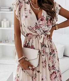 ieftine -Pentru femei Rochie Mini Rochie florala Rochie imprimata Modă În aer liber Vacanță Concediu Fit regulat Floare Manșon scurt În V Negru Roz Îmbujorat Caisă Vară