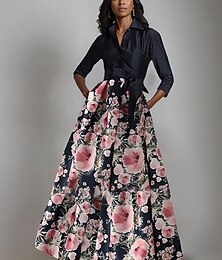 economico -abito da sposa a trapezio con stampa floreale, elegante fiocco, pieghe, lunghezza al pavimento, colletto a camicia, raso, manica a 3/4 con bottoni, primavera estate 2025