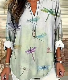 abordables -Blusa de mujer gráfica animal vintage tropical hawaiana de manga larga en V regulares tops diarios vacaciones ropa de playa impresión beige verano primavera