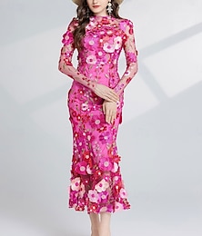 ieftine -Rochii de petrecere Sirenă  Trompetă Rochie Elegantă Nuntă Invitat la Nuntă Lungime la ceai Cu mânecă lungă Guler rotund din tulle cu dantelă brodată florală