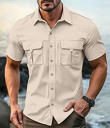 billiga -Herr Skjorta Casual skjorta Knapp upp skjorta Cargo skjorta Svart Marinblå Khaki grön Armégrön Beige Kortärmad Slät Semester Dagligen Kläder Mode Ledigt Bekväm