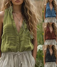 preiswerte -Damen Baumwoll-Leinen-Hemden Knopfleiste Bluse Einfach Basic Modern Lässig Ärmellos V Ausschnitt Normale Oberteile Täglich Ferien Ausgehen Knöpfe Tasche Schwarz Blau Braun Grün Sommer