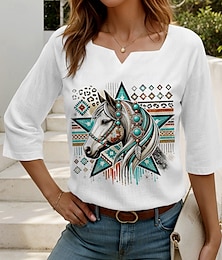 billige -Kvinnes Bluse Grafisk Dyr Elegant Bohem 3/4 Lengde Erme Klippet Hals Vanlige Topper Daglig Lin Som Ute Print Hvit Sommer