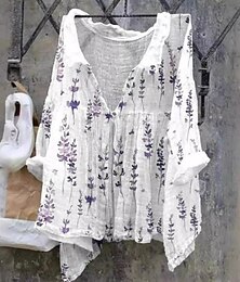 economico -Per donna Blusa Floreale Elegante Casual Manica 3/4 Scollo a V Top Regolari Quotidiano Ferie Abbigliamento mare Nodo frontale Stampato Bianco Rosa Viola Cachi Beige Estate Primavera