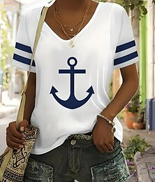 economico -Pasqua Per donna Maglietta Oceano A righe Casual Manica Corta Scollo a V Top Regolari Quotidiano Uscire Weekend Stampato Nero Bianco Rosso Blu Verde Estate