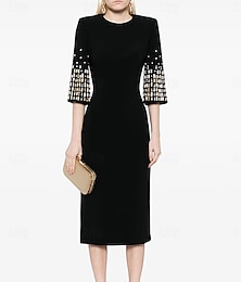 voordelige -Jurk Moeder van de Bruid Jurk Elegante Feest Crew Neck Knie Lengte Katoen Mix Halve Mouwen met Beading Midi Jurk 2025