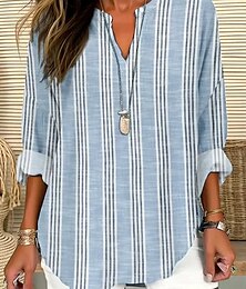 economico -Camicia in Cotone e Lino da Donna Grafica Stripes Hawaii Casual Maniche Lunghe Collo a V Top Regolari Stampa Giornaliera Azzurro Estate Primavera