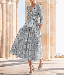 voordelige -Blauwe Jacquard Bloemige A-Lijn Cocktail Jurk Formeel Elegant Bruiloft Gast Vintage V Hals Enkellengte Halve Mouw met Strik(ken) Bloemige Bruiloft Gast Jurk 2025