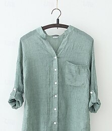 economico -Per donna Camicia Camicie di cotone e lino Abbottonare Blusa Semplice Essenziale Moderno Casual Manica Lunga Scollo a V Top Regolari Quotidiano Uscire Bottoni Tasca Bianco Blu marino Verde Albicocca