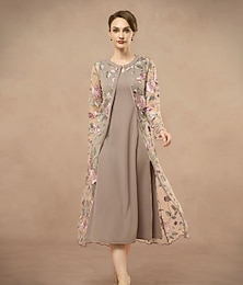 economico -Due Pezzi Linea ad A Abito da cerimonia per signora Ospite di nozze Elegante Vintage Semplice Scollo a V Lunghezza Tè Pizzo Senza Maniche Manica Lunga con Ricamo Tinta unita 2025