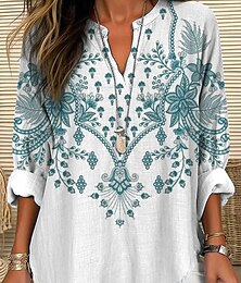 abordables -Mujer Blusa Floral Graphic Vintage Estilo playero Manga Larga Escote en Pico Tops regulares Diario Festivos Estampado Blanco Rojo Azul Real Morado Verde Trébol Verano Primavera