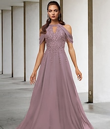 preiswerte -A-Linien Brautmutterkleid Hochzeitsgast Elegant Plus Size Halter-Hals Bodenlang Spitze Tüll Pailletten Ärmellos mit Paillettenapplikationen freie Maßanfertigung