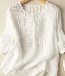 economico -Per donna Camicia Camicia di lino Blusa Camicie di cotone e lino Semplice Moderno Mezza Manica Girocollo Top Regolari Quotidiano Ferie Uscire Rete Bianco Giallo Blu Viola Cachi Estate