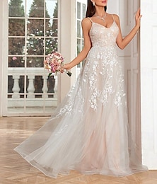 preiswerte -Kleine weiße Kleider Hochzeitskleider A-Linie V-Ausschnitt Ärmellos Bodenvoll Tüll Brautkleider Mit bestickter floralem Spitze Kleid