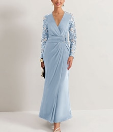 economico -Abito a Tubino Madre della Sposa Elegante V Neck Lunghezza Caviglia Tessuto Stretch Manica Lunghe con Pieghe in Pizzo Colore Pieno 2025 taglia personalizzata gratuita