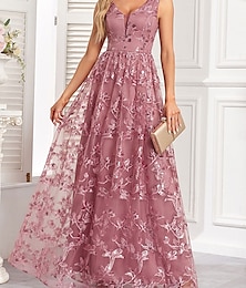 economico -Abiti A-Line Quinceanera Elegante Abito Matrimonio Ospite Lunghezza del Pavimento Senza Maniche V Collo Tulle Senza Schiena con Pieghe