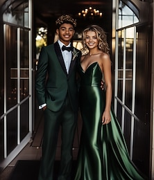 abordables -De los hombres Boda Fiesta de baile Trajes de fiesta Solapa de Muesca Verde Oscuro Moda Formal Color sólido Estándar Juego de 2 piezas Recto 1 botón