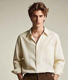 preiswerte -Herrenhemd aus 100 % Leinen, blau, armeegrün, beige, langärmelig, einfarbig, Rollkragen, Outdoor, lässig, Knöpfe, Kleidung, Alltag, Freizeit