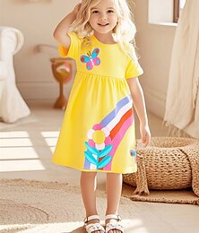 voordelige -Kinderen Voor meisjes Jurk Bloem Korte mouw Buiten Casual Modieus Aanbiddelijk Polyester Tot de knie Casual jurk A lijn jurk Zomer Lente 4 jaar + Geel