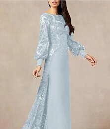 economico -Abito da madre della sposa A-Line abito formale da matrimonio elegante scollatura a gioiello lunghezza totale chiffon ricamato maniche lunghe con paillettes 2025 taglia personalizzata gratuita