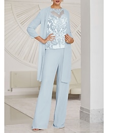 abordables -Combinaison  pantalon 3 pièces mère de la mariée invitée de mariage élégante décolleté illusion longueur au sol chiffon dentelle manches longues avec ruché couleur unie taille personnalisée gratuite