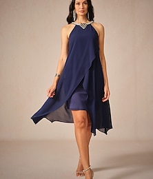 economico -Per donna Mini abito Abiti in chiffon Elegante Moda fluente Feste Appuntamento Standard Tinta unica Senza maniche Halter Neck Blu marino Estate