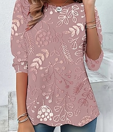 abordables -Camiseta de Mujer Impresión 3D Gráfica Floral Casual de Manga Larga Cuello Redondo Top Regular Diario Impresión Rosa Morado Verde Caqui Verano Primavera Otoño